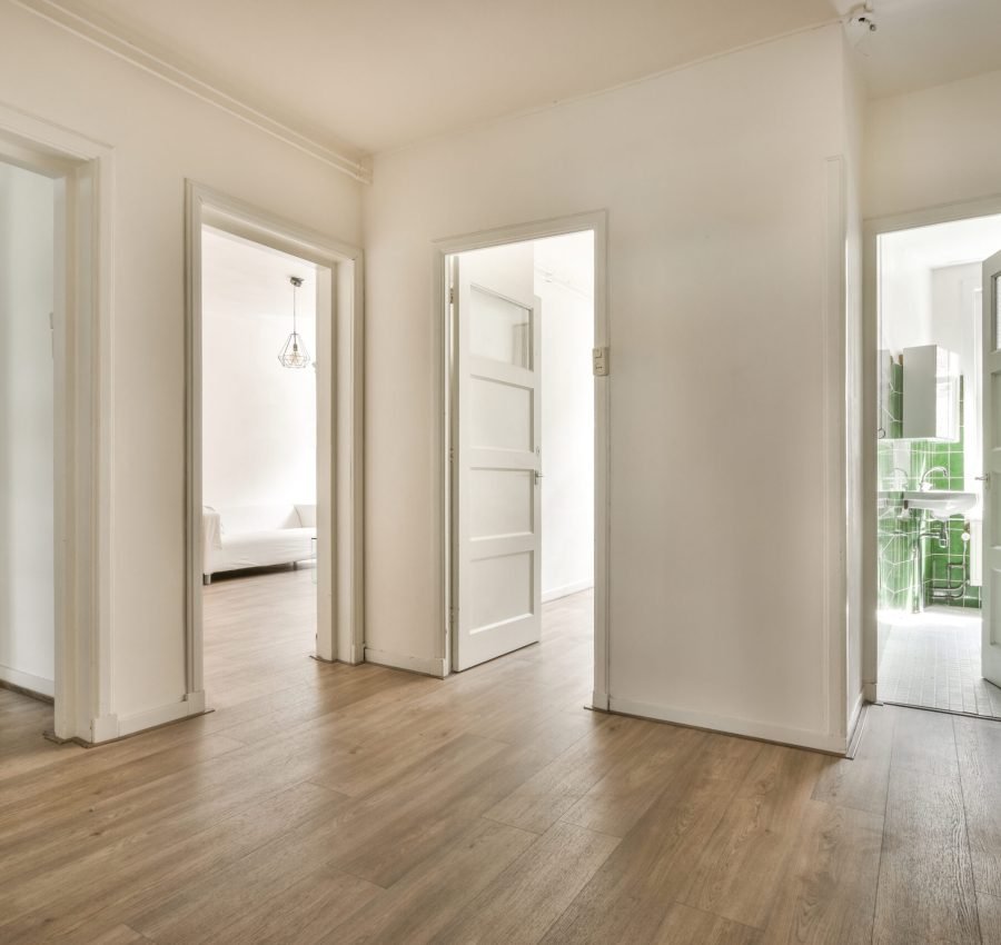 Couches and table located against dining area of spacious room in contemporary apartment